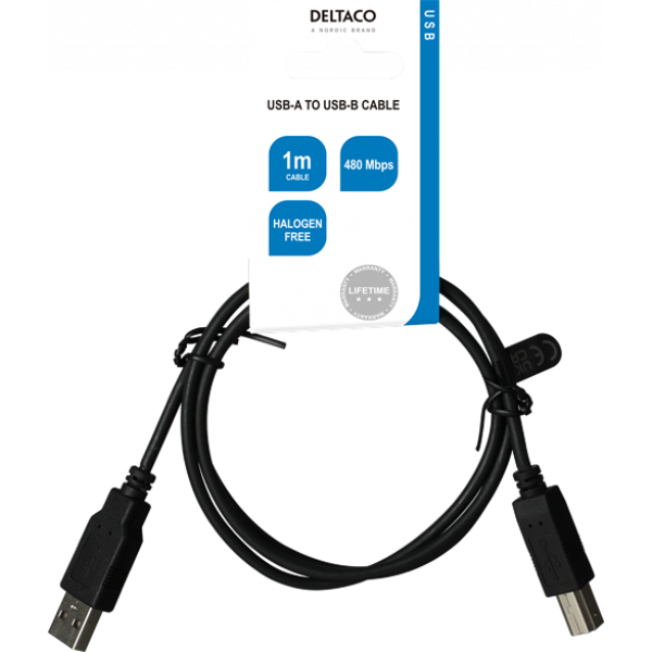 DELTACO USB2.0 cable Typ A - Typ B 1m, black USB-210S-LSZH