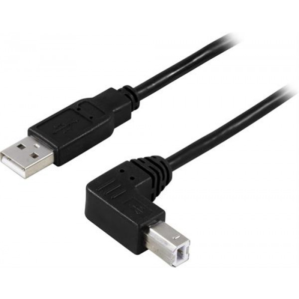 DELTACO USB 2.0 kabel Typ A hane - Vinklad Typ B hane 1 m, svart USB-210SA