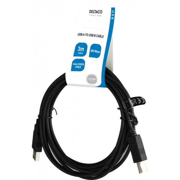 DELTACO USB2.0 cable Typ A - Typ B 3m, black USB-230S-LSZH