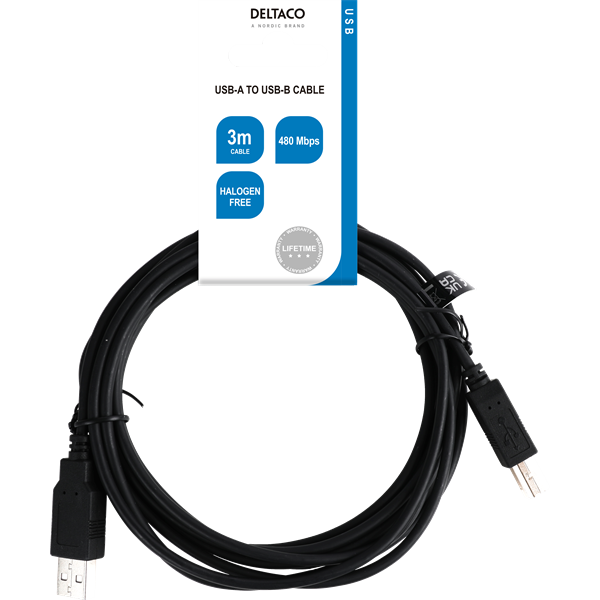DELTACO USB2.0 cable Typ A - Typ B 3m, black USB-230S-LSZH