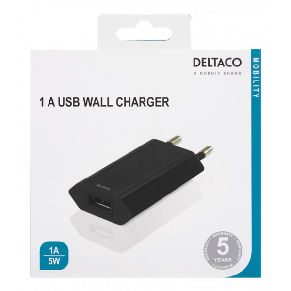 DELTACO USB wall charger, 1x USB-A, 1 A, 5 W, retail, black USB-AC172
