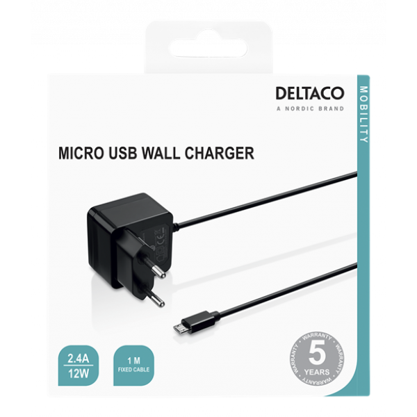 DELTACO Micro USB wall charger, 2,4 A, 1 m fixed cable, 12 W total USB-AC178