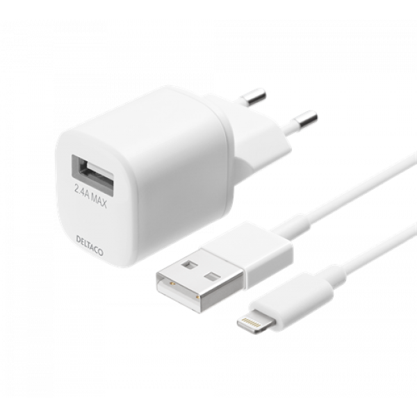 DELTACO USB wall charger, USB-A, 2,4 A, incl. 1 m USB-A to Lightning USB-AC181