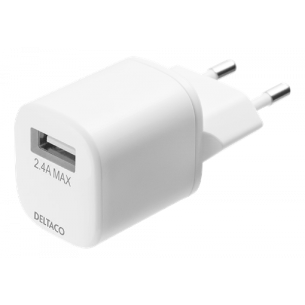 DELTACO USB wall charger, USB-A, 2,4 A, incl. 1 m USB-A to Lightning USB-AC181