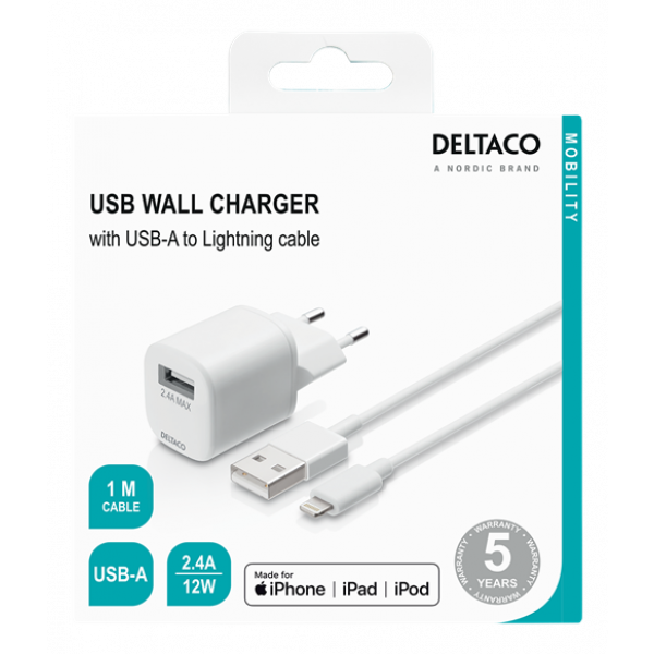 DELTACO USB wall charger, USB-A, 2,4 A, incl. 1 m USB-A to Lightning USB-AC181