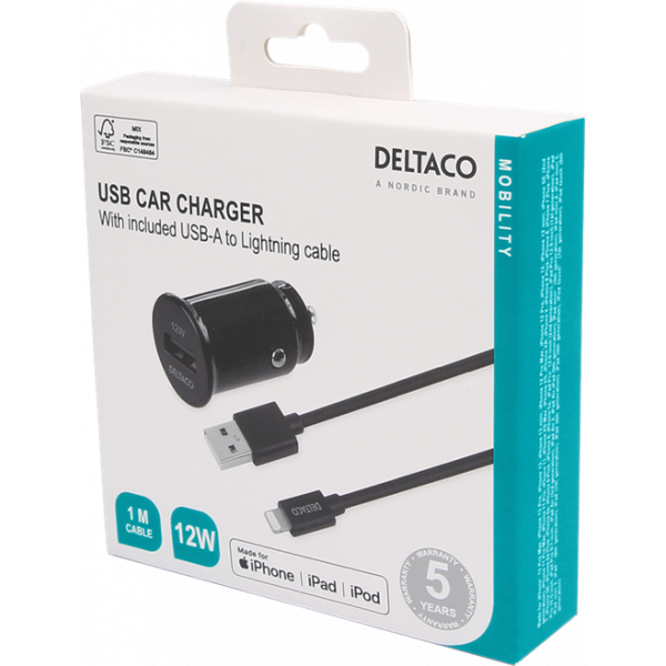 DELTACO USB car charger, 1x USB-A 2.4 A, 1 m Lightning cable, black USB-CAR130