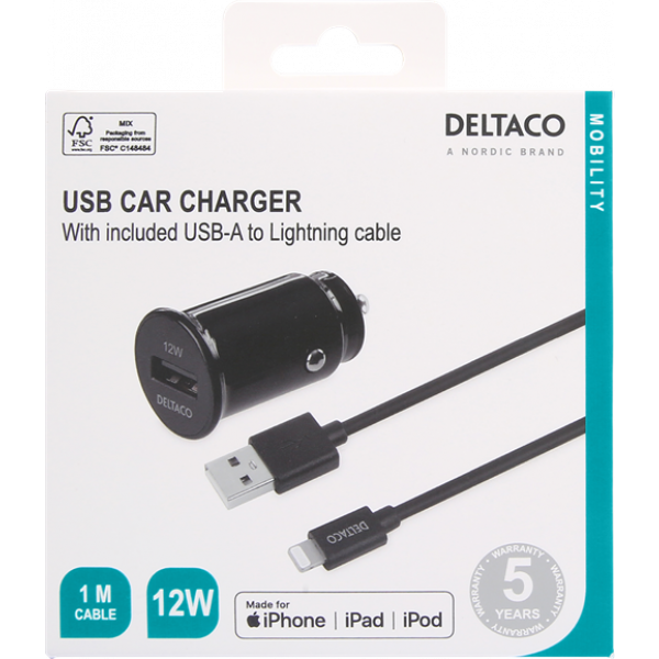 DELTACO USB car charger, 1x USB-A 2.4 A, 1 m Lightning cable, black USB-CAR130