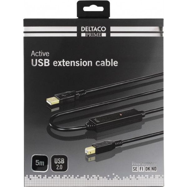 DELTACO PRIME USB 2.0 kabel Typ A hane - Typ B hane, aktiv, 5m, svart