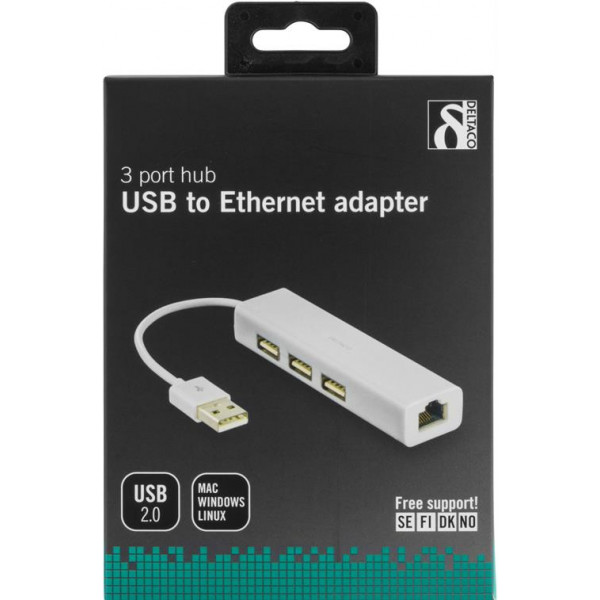 DELTACO USB 2.0 nätverksadapter med USB-hubb, 100Mbps, 3xUSB, vit