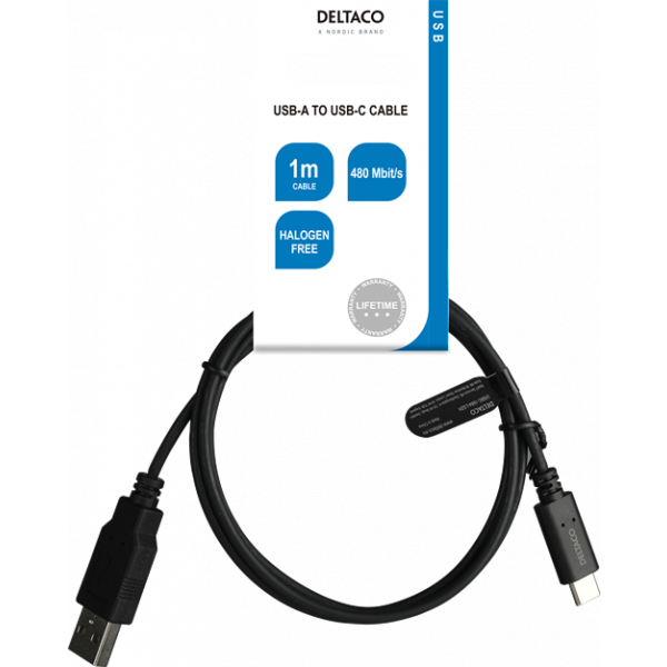 DELTACO USB2.0 cable, Typ A - Typ C 1m, black USBC-1004-LSZH