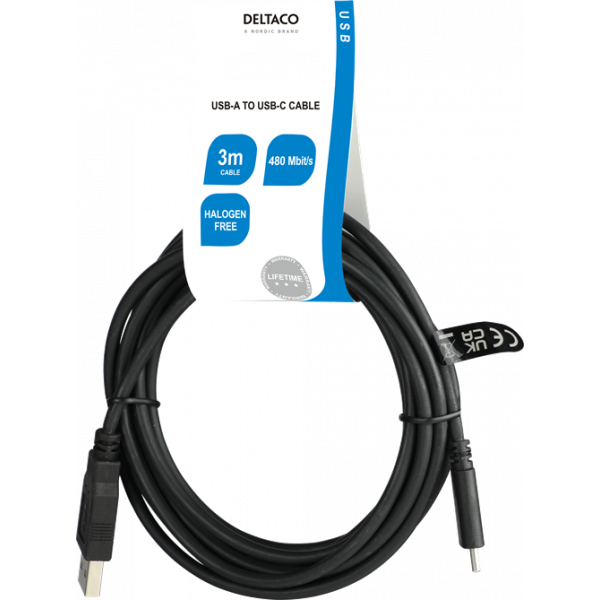 DELTACO USB2.0 cable, Typ A - Typ C 3m, black USBC-1007-LSZH