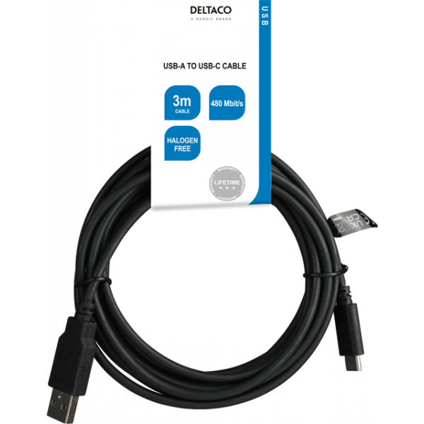 DELTACO USB2.0 cable, Typ A - Typ C 3m, black USBC-1007-LSZH