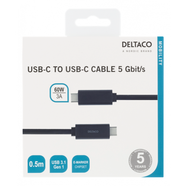 DELTACO USB-C kabel, 0,5m, USB 3.1 Gen 1, svart USBC-1053M