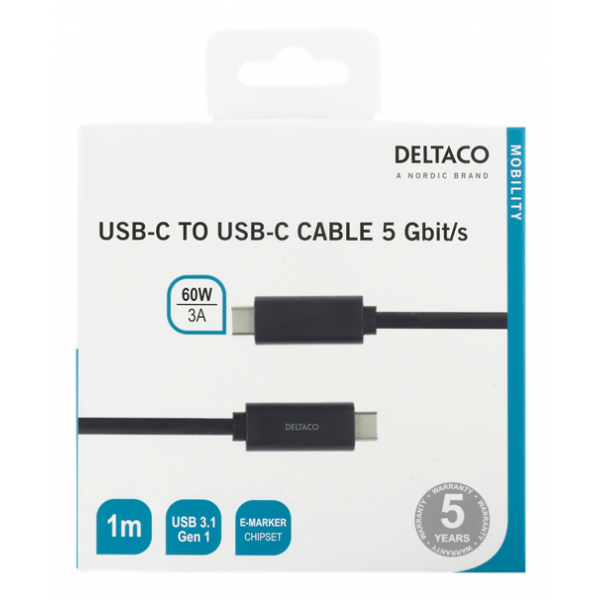 DELTACO USB-C till USB-C-kabel, 1m, 60W 3A, USB 3.1 Gen 1, E-Marker, s USBC-1054M