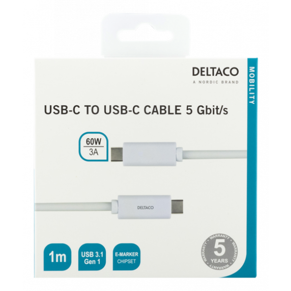 DELTACO USB-C till USB-C-kabel, 1m, 60W 3A, USB 3.1 Gen, E-Marker, vit USBC-1059M