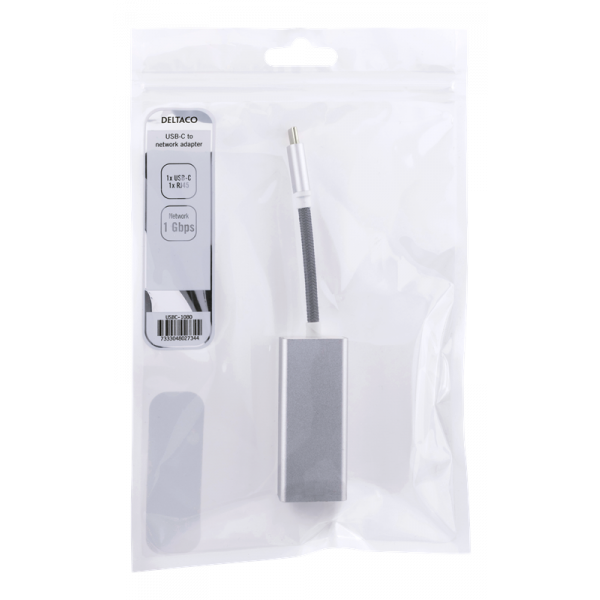 DELTACO USB-C nätverksadapter, Gigabit, RJ45, vit påse, silver USBC-1080