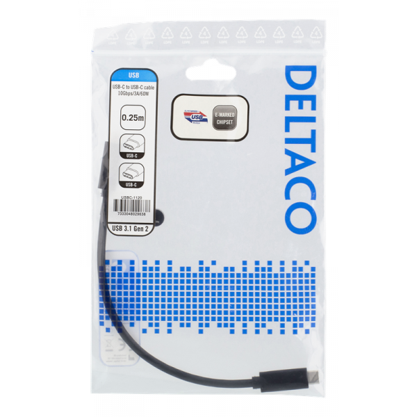 DELTACO USB-C-kabel, 0,25m, USB 3.1 Gen 2, 10 Gbps, 60W, svart USBC-1120