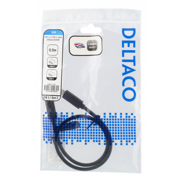 DELTACO USB-C-kabel, 0,5m, USB 3.1 Gen 2, 10 Gbps, 60W, svart USBC-1121