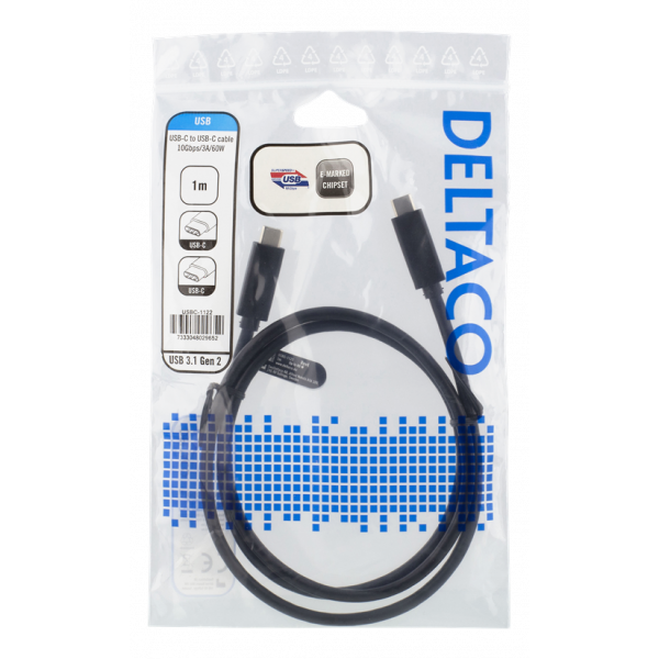 DELTACO USB-C-kabel, 1m, USB 3.1 Gen 2, 10 Gbps, 60W, svart USBC-1122