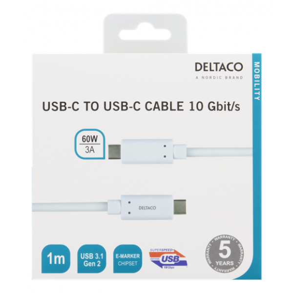 DELTACO USBC 3.1 GEN2 10Gbps/3A/E-marker 1m USBC-1127M