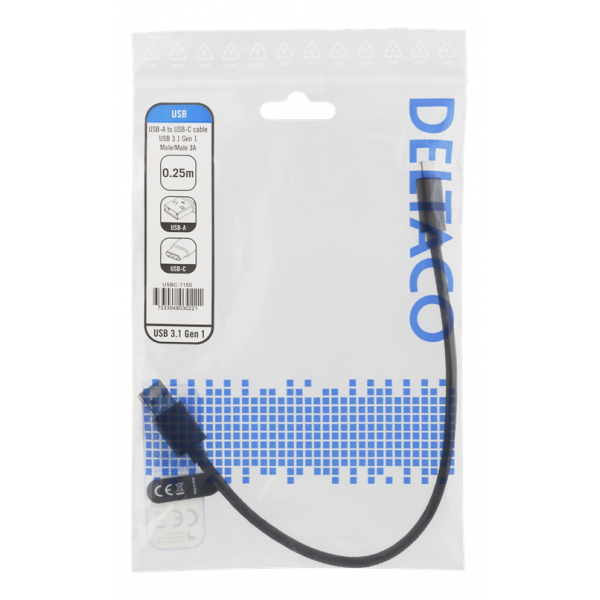 DELTACO USB 3.1 Gen1 USB-C - USB-A tygbekl kabe, 0.25m, 60W 3A, svart USBC-1150