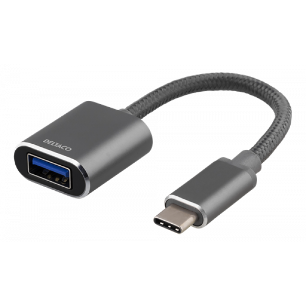DELTACO USB-C 3.1 till USB-A OTG adapter, aluminium, retail box, grå USBC-1277