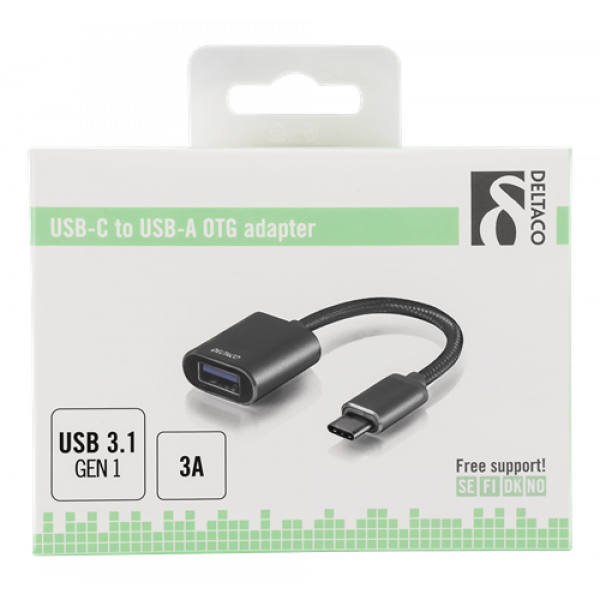 DELTACO USB-C 3.1 till USB-A OTG adapter, aluminium, retail box, grå USBC-1277