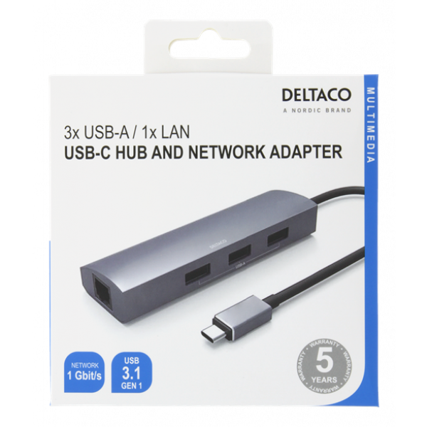 DELTACO USB-C Hub och Nätverksadapter, USB-C ha, RJ45 ho, 3xUSB-A 3.0 USBC-1294