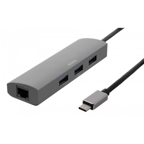 DELTACO USB-C Hub och Nätverksadapter, USB-C ha, RJ45 ho, 3xUSB-A 3.0 USBC-1294