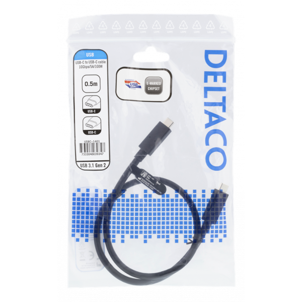 DELTACO USB-C till USB-C-kabel, 0,5m, 10Gbps, 100W 5A, USB 3.1 Gen 2, USBC-1401
