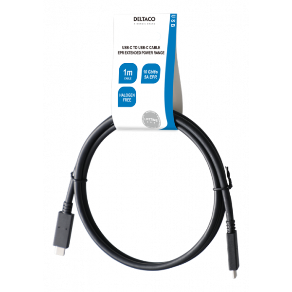 DELTACO USB3.2 gen2, USB-C - USB-C, 5A EPR, 1m, black USBC-1402-LSZH