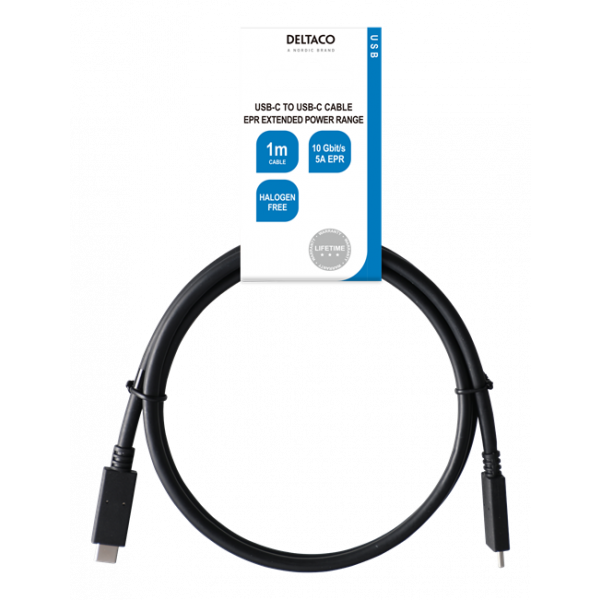 DELTACO USB3.2 gen2, USB-C - USB-C, 5A EPR, 1m, black USBC-1402-LSZH