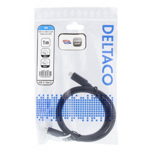 DELTACO USB-C till USB-C-kabel, 1m, 10Gbps, 100W 5A, USB 3.1 Gen 2, E- USBC-1402