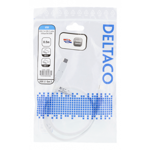 DELTACO USB-C till USB-C-kabel, 0,5m, 10Gbps, 100W 5A, USB 3.1 Gen 2, USBC-1406