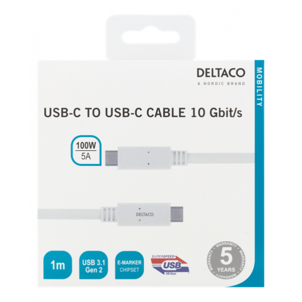 DELTACO USB-C - USB-C kabel, 1m, USB 3.1 Gen 2, E-marker chipset, vit USBC-1407M