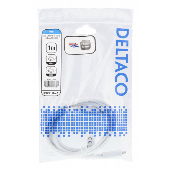 DELTACO USB-C till USB-C-kabel, 1m, 10Gbps, 100W 5A, USB 3.1 Gen 2, E- USBC-1407
