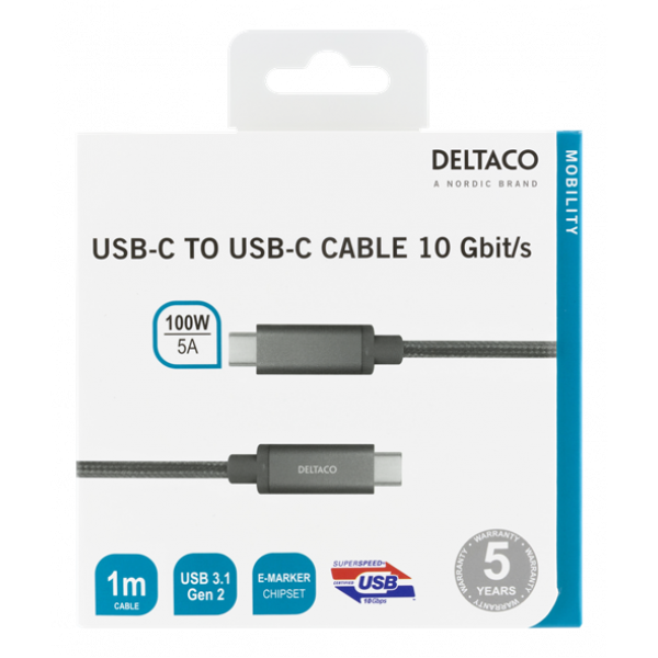 DELTACO USB-C SuperSpeed-kabel, 1m, USB 3.1 Gen 1, 10 Gbps, 100W, rymd USBC-1412M