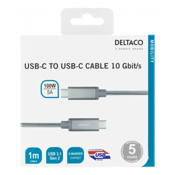 DELTACO USB-C SuperSpeed-kabel, 1m, USB 3.1 Gen 1, 10 Gbps, 100W, silv USBC-1417M