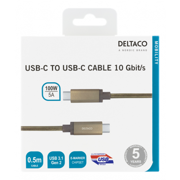 DELTACO USB-C SuperSpeed-kabel, 0,5m, USB 3.1 Gen 1, 10 Gbps, 100W, gu USBC-1421M