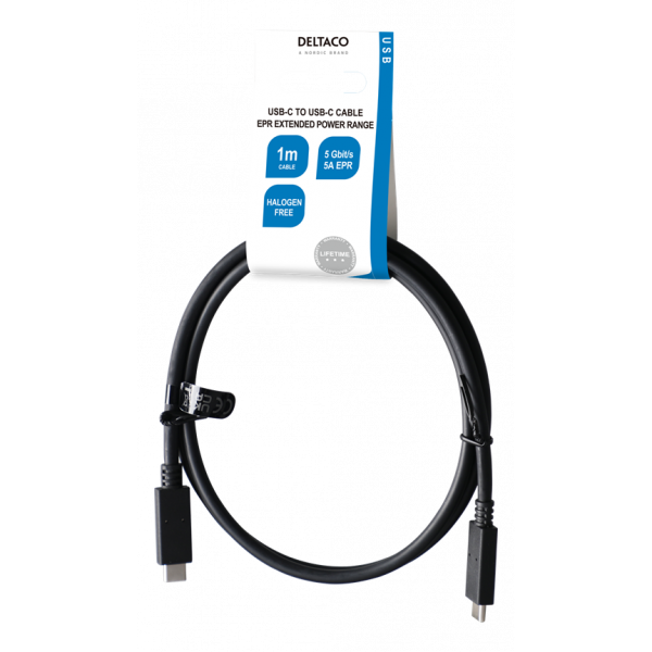 DELTACO USB3.2 gen1, USB-C - USB-C, 5A EPR, 1m, black USBC-1501-LSZH