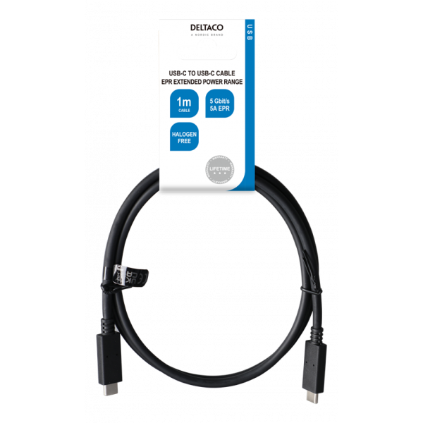 DELTACO USB3.2 gen1, USB-C - USB-C, 5A EPR, 1m, black USBC-1501-LSZH