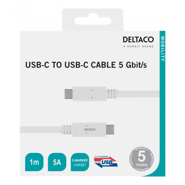 DELTACO USB-C - USB-C cable, 5Gbit/s, 5A, 1M, white USBC-1502M