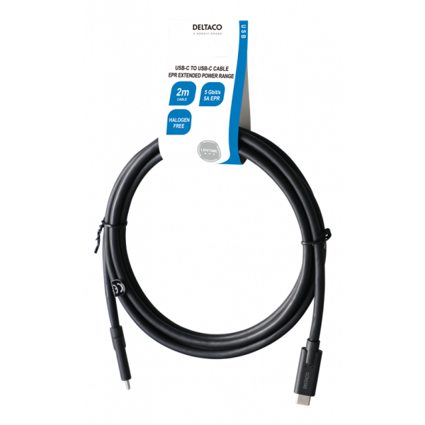 DELTACO USB3.2 gen1, USB-C - USB-C, 5A EPR, 2m, black USBC-1503-LSZH