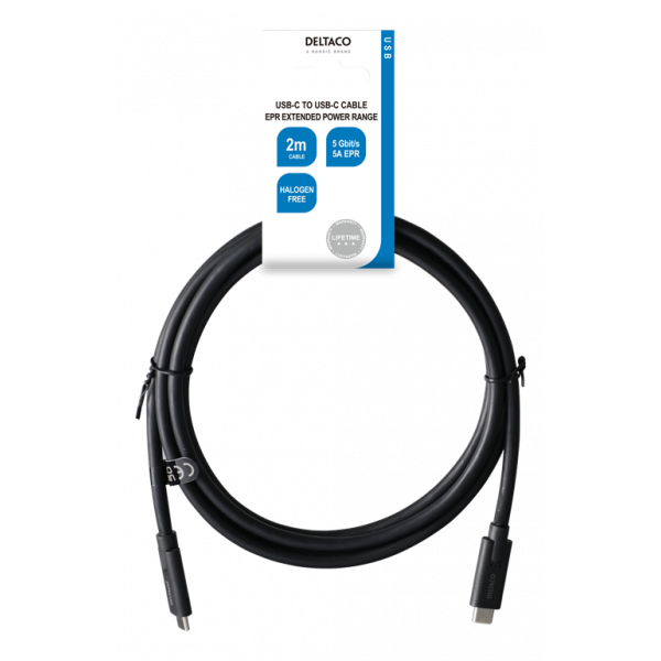 DELTACO USB3.2 gen1, USB-C - USB-C, 5A EPR, 2m, black USBC-1503-LSZH