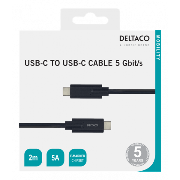 DELTACO USB-C - USB-C cable, 5Gbit/s, 5A, 2M, black USBC-1503M