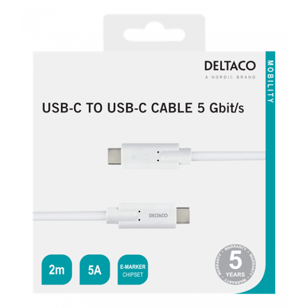 DELTACO USB-C - USB-C cable, 5Gbit/s, 5A, 2M, white USBC-1504M