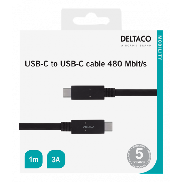DELTACO USB 2.0 USB-C till USB-C-kabel, 1 m, USB-IF, 480 Mbit/s, svart USBC-2001M