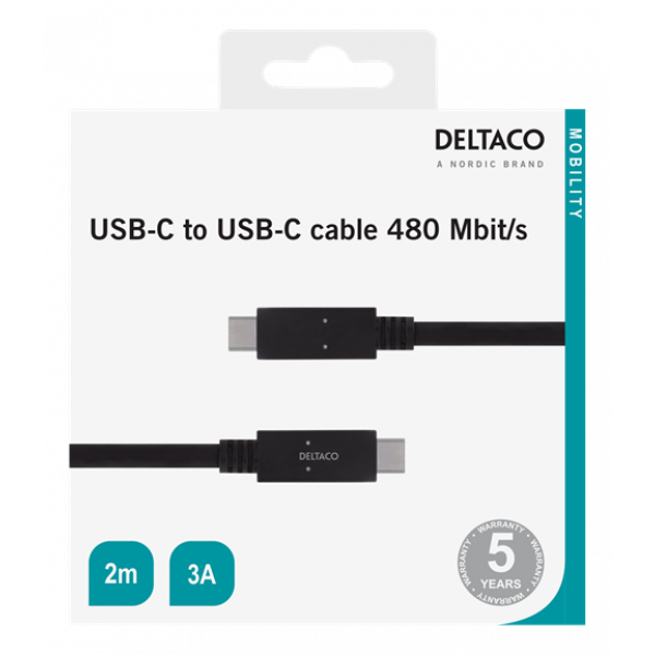 DELTACO USB 2.0 USB-C till USB-C-kabel, 2 m, USB-IF, 480 Mbit/s, svart USBC-2002M