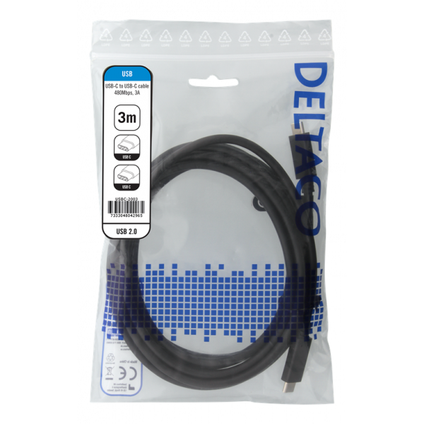 DELTACO USB 2.0 kabel, Typ C - Typ C, 3m, svart USBC-2003