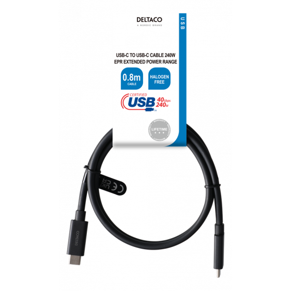 DELTACO USB4 gen3, USB-C - USB-C, 5A EPR, 0,8m, black USBC-4008-LSZH